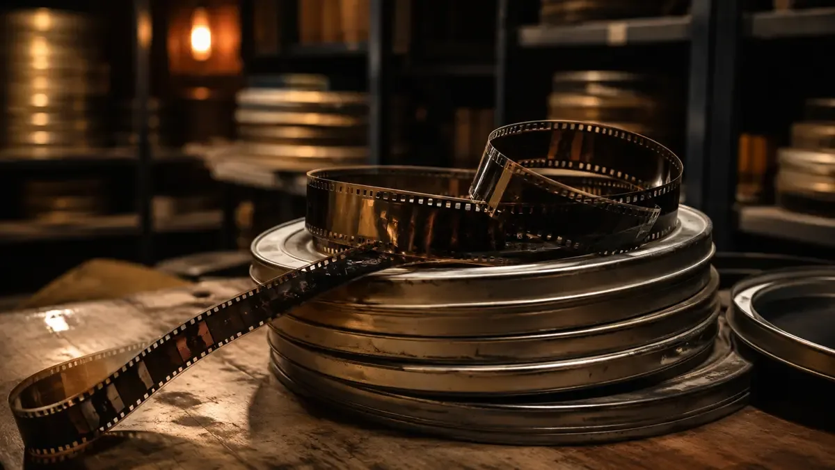Latas metálicas de película apiladas con un rollo de celuloide