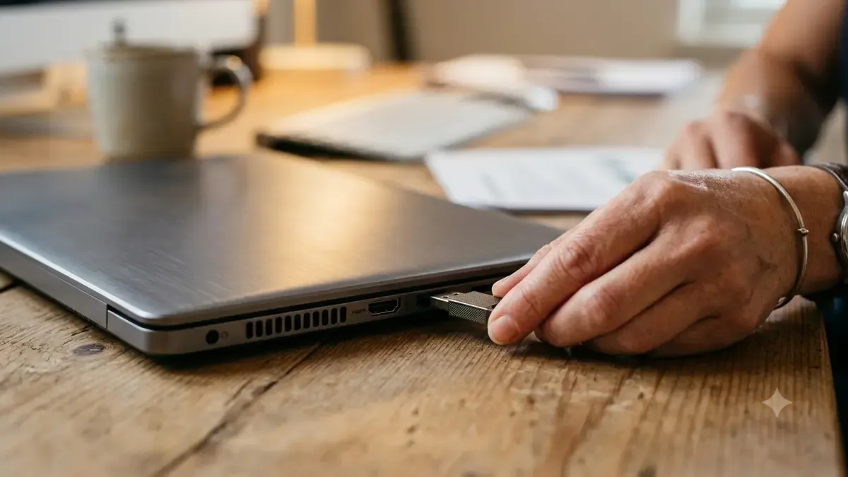 Mano acercando un pendrive al puerto lateral de una notebook