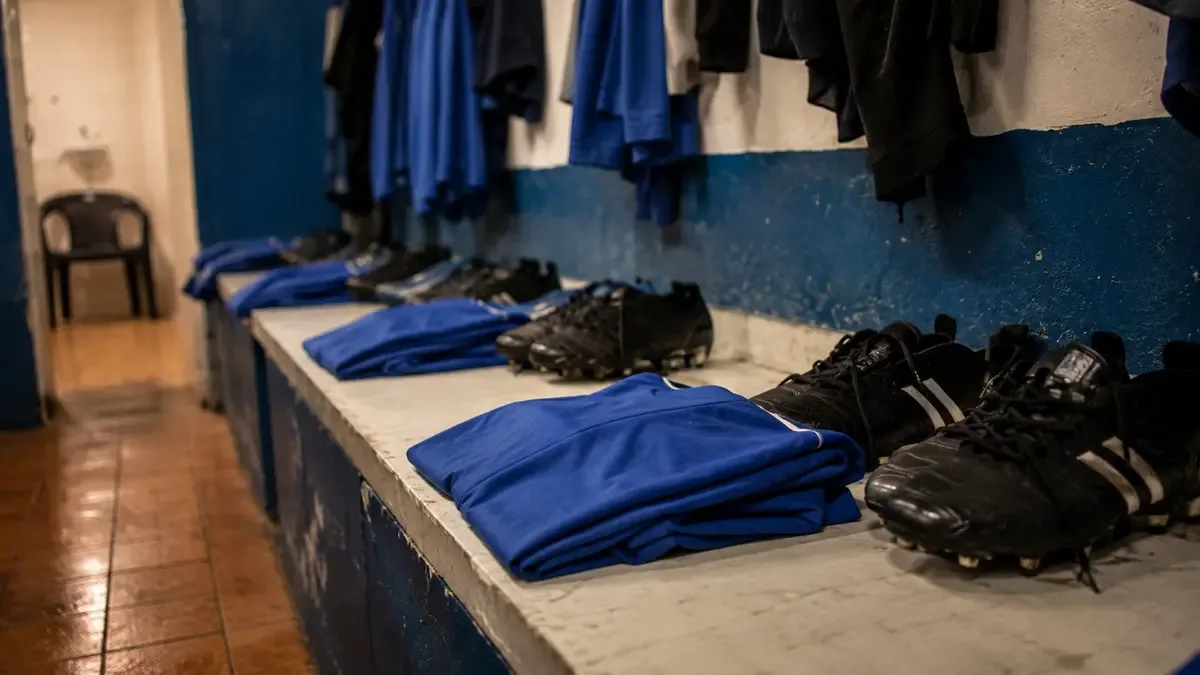 Camisetas lisas y botines en un vestuario en un club de barrio, plano medio documental, perspectiva natural