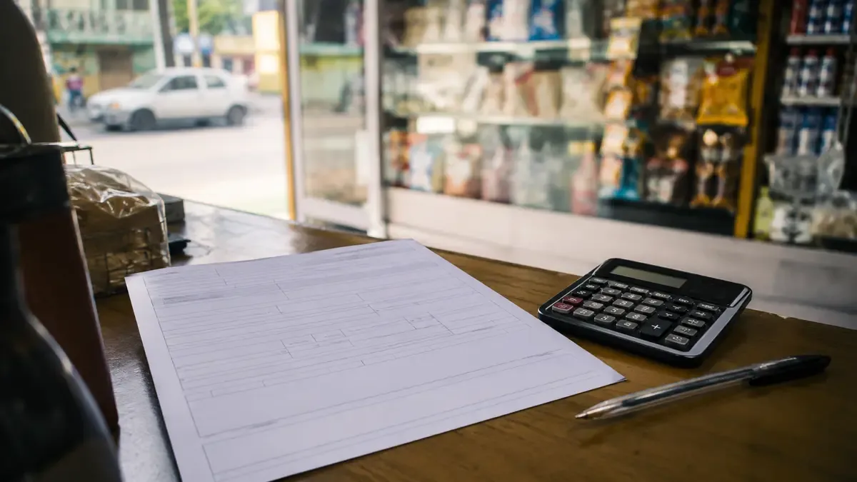 Un formulario fiscal en blanco con calculadora y lapicera en una vidriera barrial sin carteles legibles, vista en tres cuartos, profundidad de campo suave