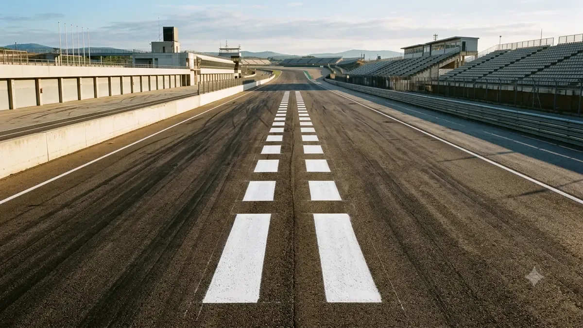 Marcas blancas de posición pintadas sobre el asfalto de un autódromo