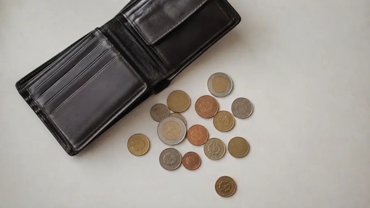 Billetera abierta con monedas sueltas sobre una mesa clara