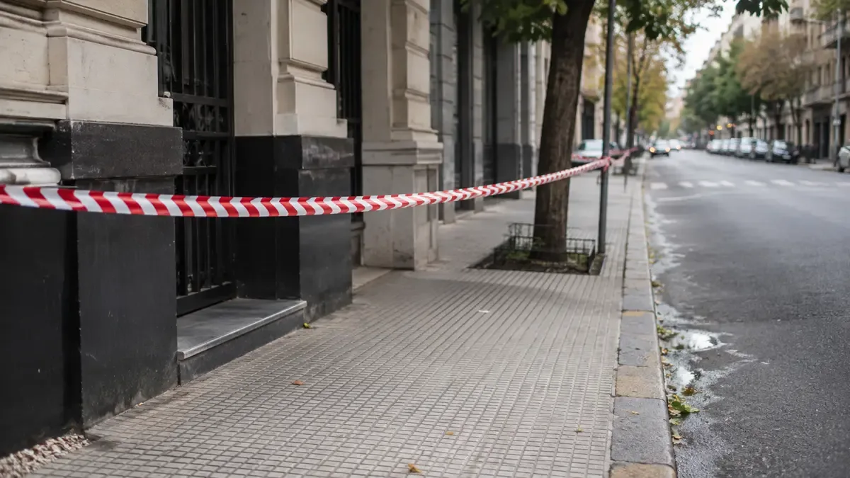 Cinta de seguridad lisa delimitando una vereda vacía en una calle urbana argentina, vista en tres cuartos, profundidad de campo suave