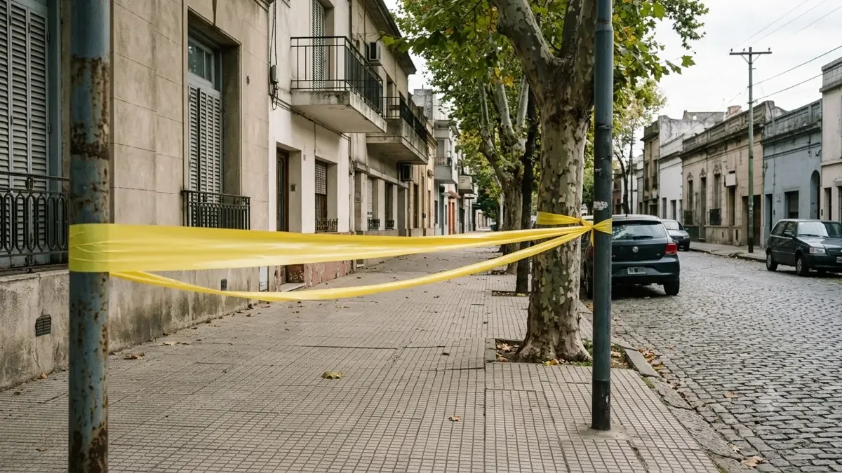 Cinta de seguridad lisa delimitando una vereda vacía en una calle urbana argentina, plano medio documental, perspectiva natural