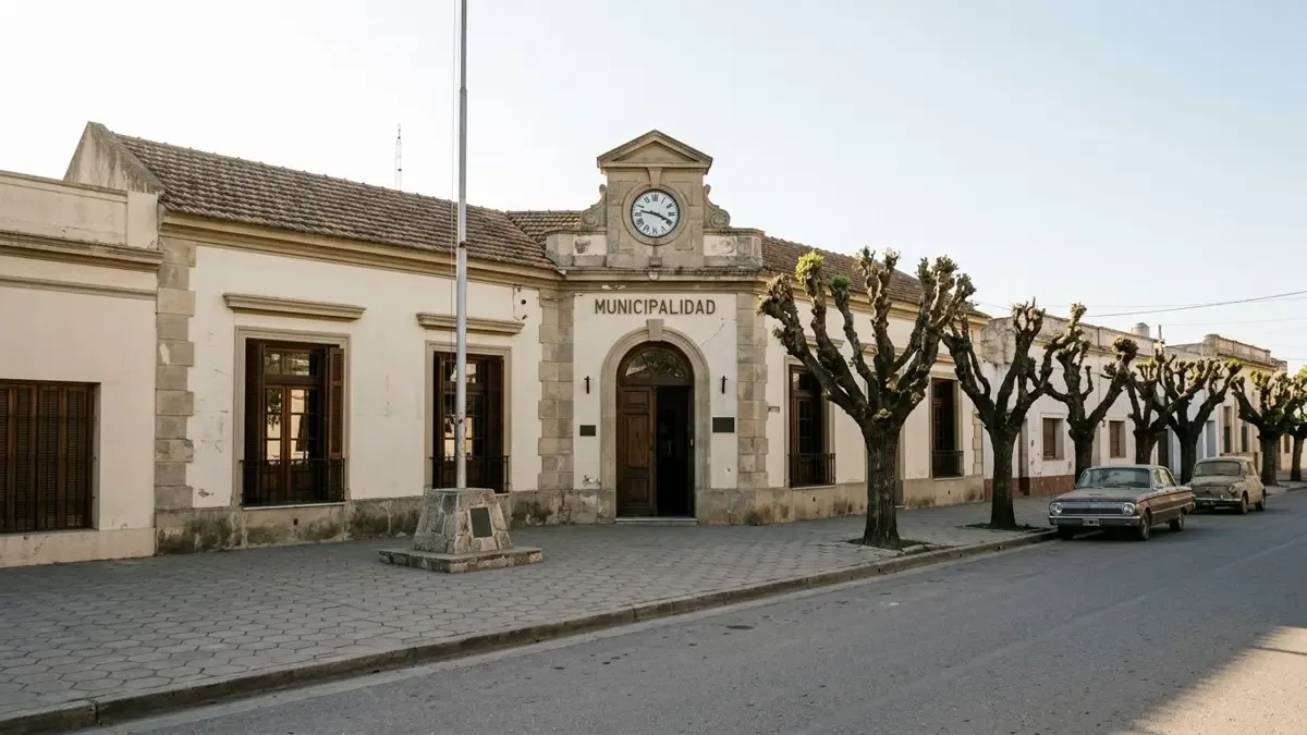 Fachada de la municipalidad de un pueblo del interior con reloj