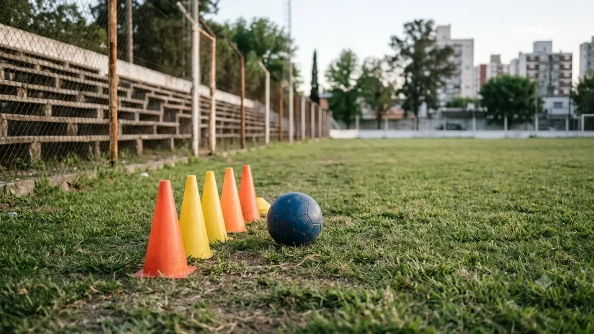 Una pelota lisa junto a conos de entrenamiento en un estadio local vacío, vista en tres cuartos, profundidad de campo suave