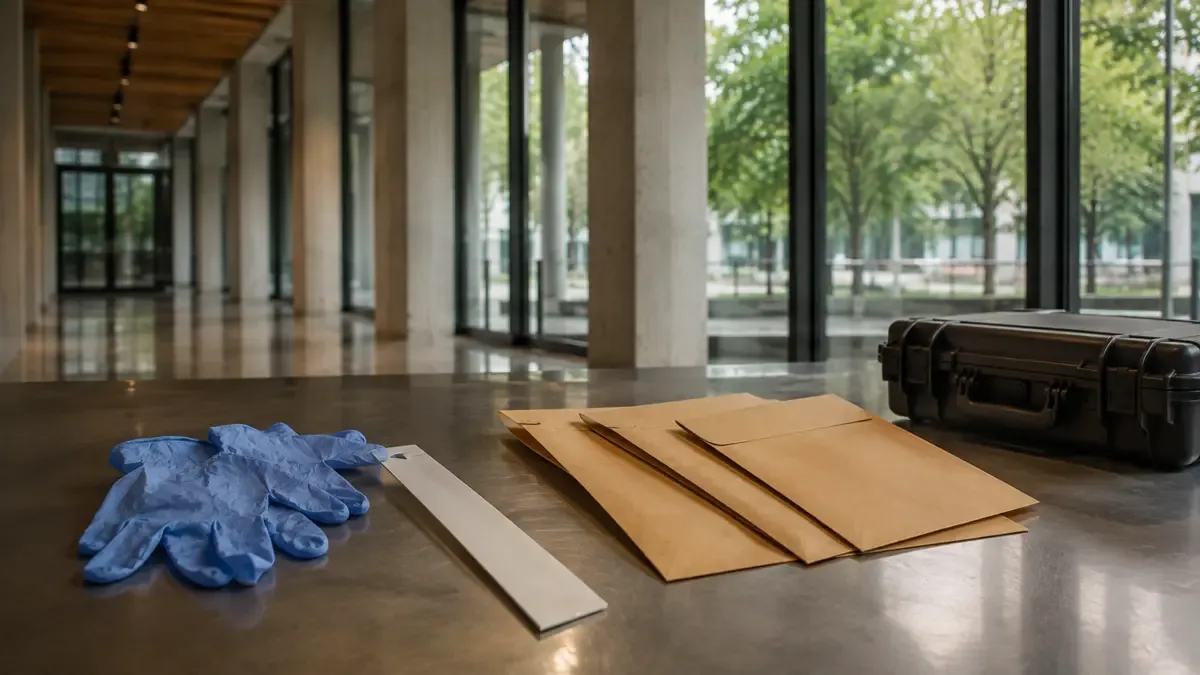 Guantes, regla sin números y sobres de evidencia lisos en un hall institucional de arquitectura genérica, vista en tres cuartos, profundidad de campo suave