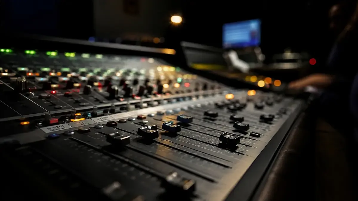 Consola de audio con faders y perillas en primer plano dentro de una cabina en penumbra