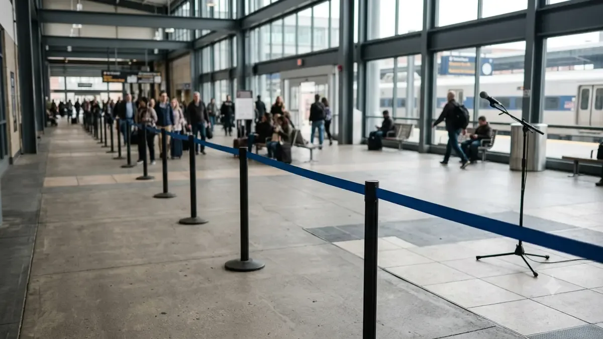 Cinta de seguridad lisa delimitando una vereda vacía en una terminal de transporte regional, vista en tres cuartos, profundidad de campo suave