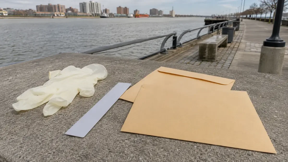 Guantes, regla sin números y sobres de evidencia lisos en un paseo costero junto al río, plano medio documental, perspectiva natural
