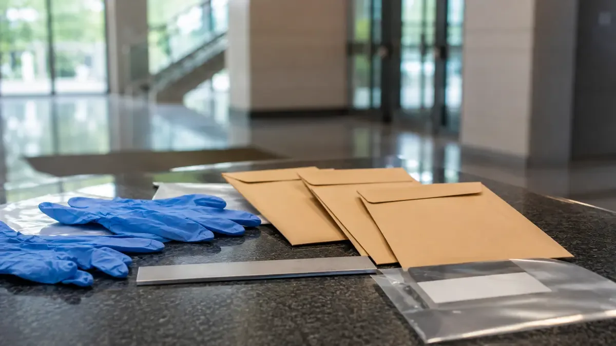 Guantes, regla sin números y sobres de evidencia lisos en un hall institucional de arquitectura genérica, plano medio documental, perspectiva natural