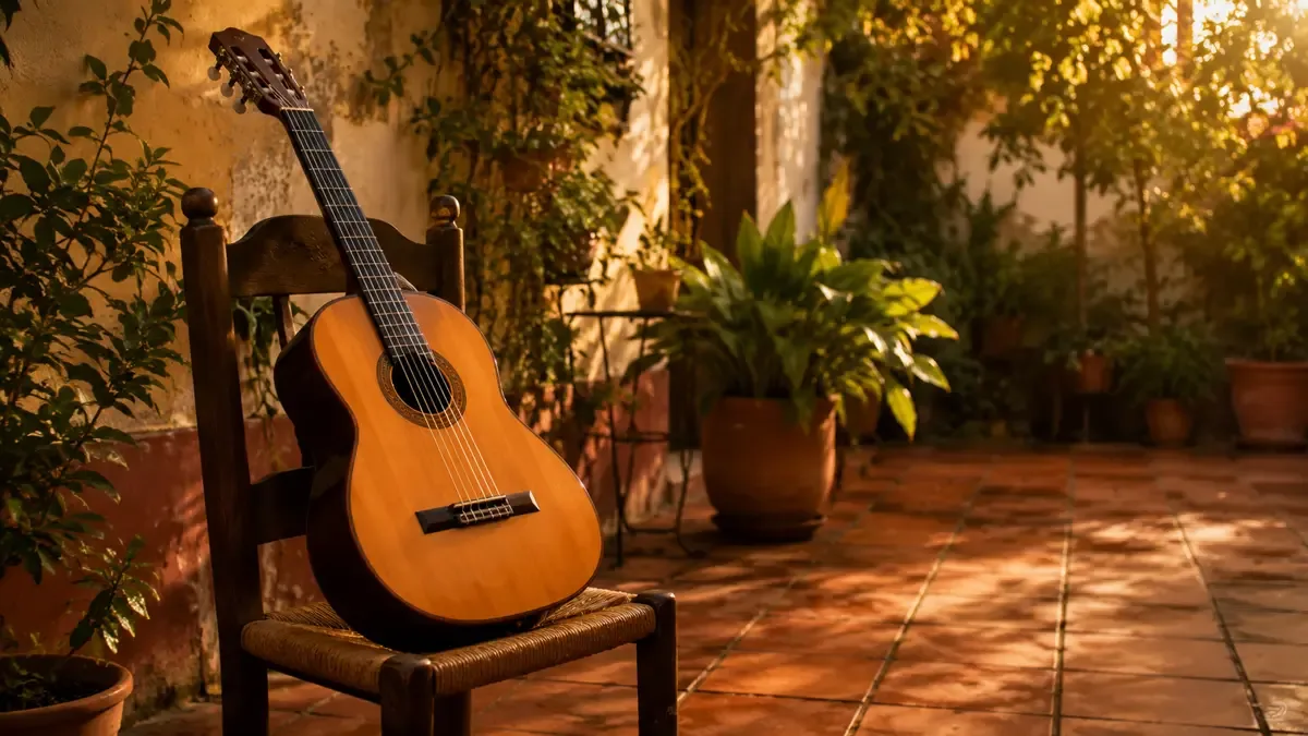 Guitarra criolla apoyada en una silla de madera en un patio