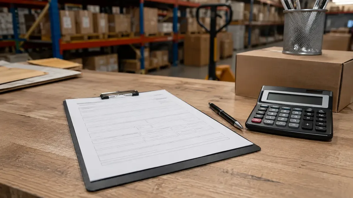 Un formulario fiscal en blanco con calculadora y lapicera en un depósito logístico ordenado, vista en tres cuartos, profundidad de campo suave