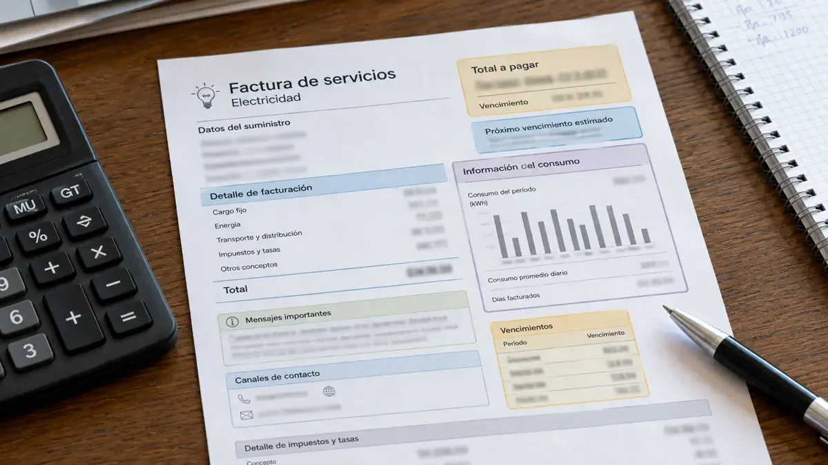 Factura de servicios genérica con sus partes destacadas