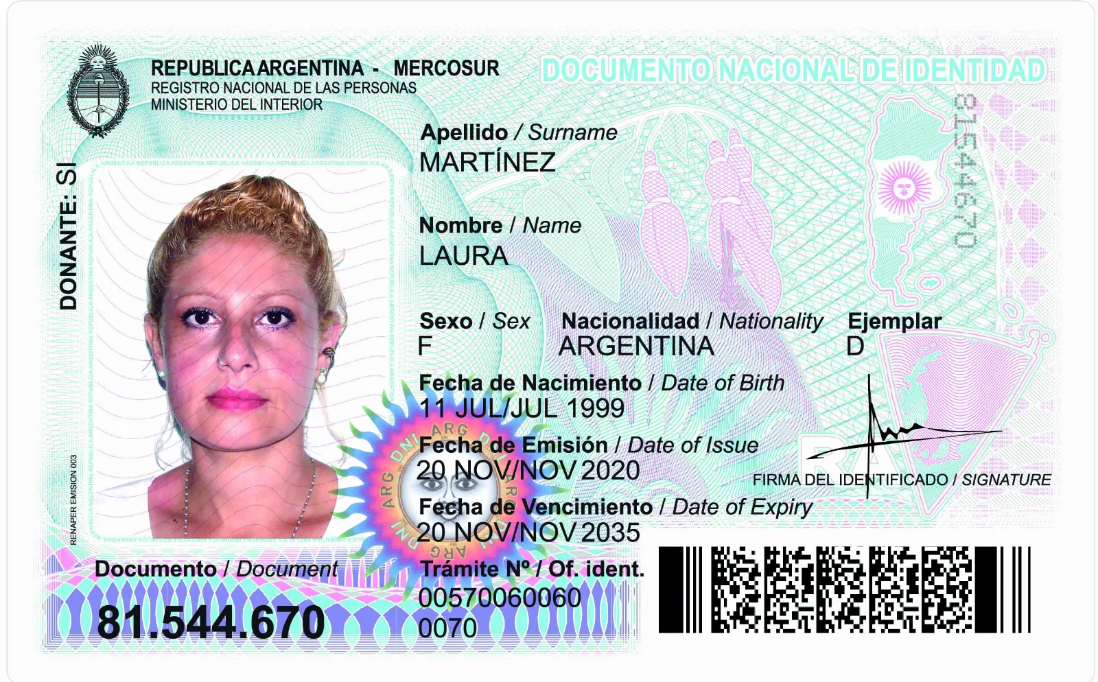 Frente de un Documento Nacional de Identidad (DNI) argentino