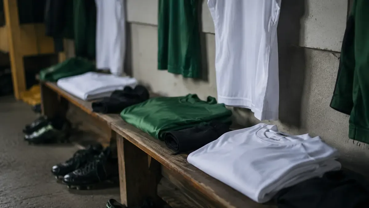 Camisetas lisas y botines en un vestuario en un campo de entrenamiento, vista en tres cuartos, profundidad de campo suave