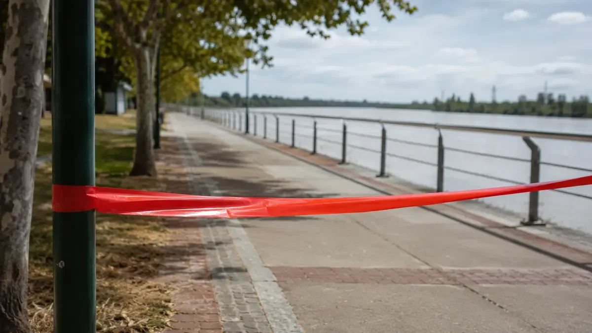 Cinta de seguridad lisa delimitando una vereda vacía en un paseo costero junto al río, vista en tres cuartos, profundidad de campo suave