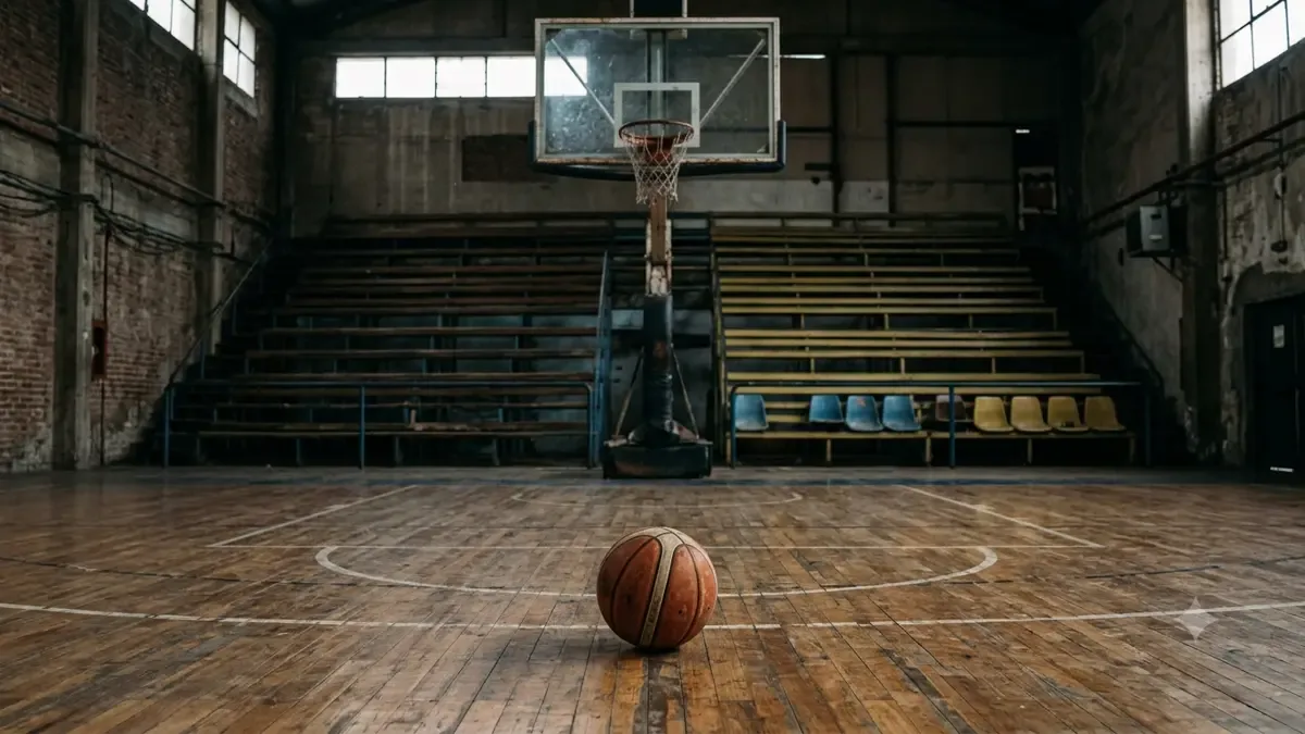 Una pelota de básquet debajo de un aro en un estadio local vacío, plano medio documental, perspectiva natural