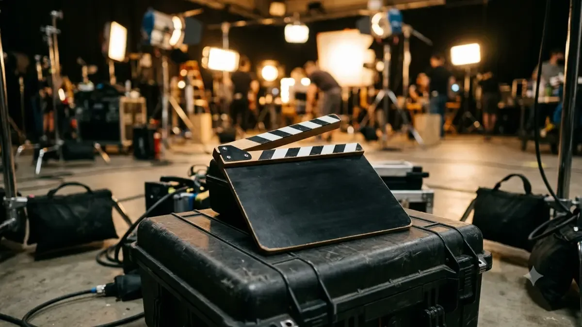 Claqueta de cine con la pizarra en blanco apoyada en un set