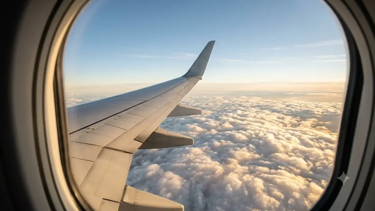 Ala de un avión vista desde la ventanilla sobre un manto de nubes