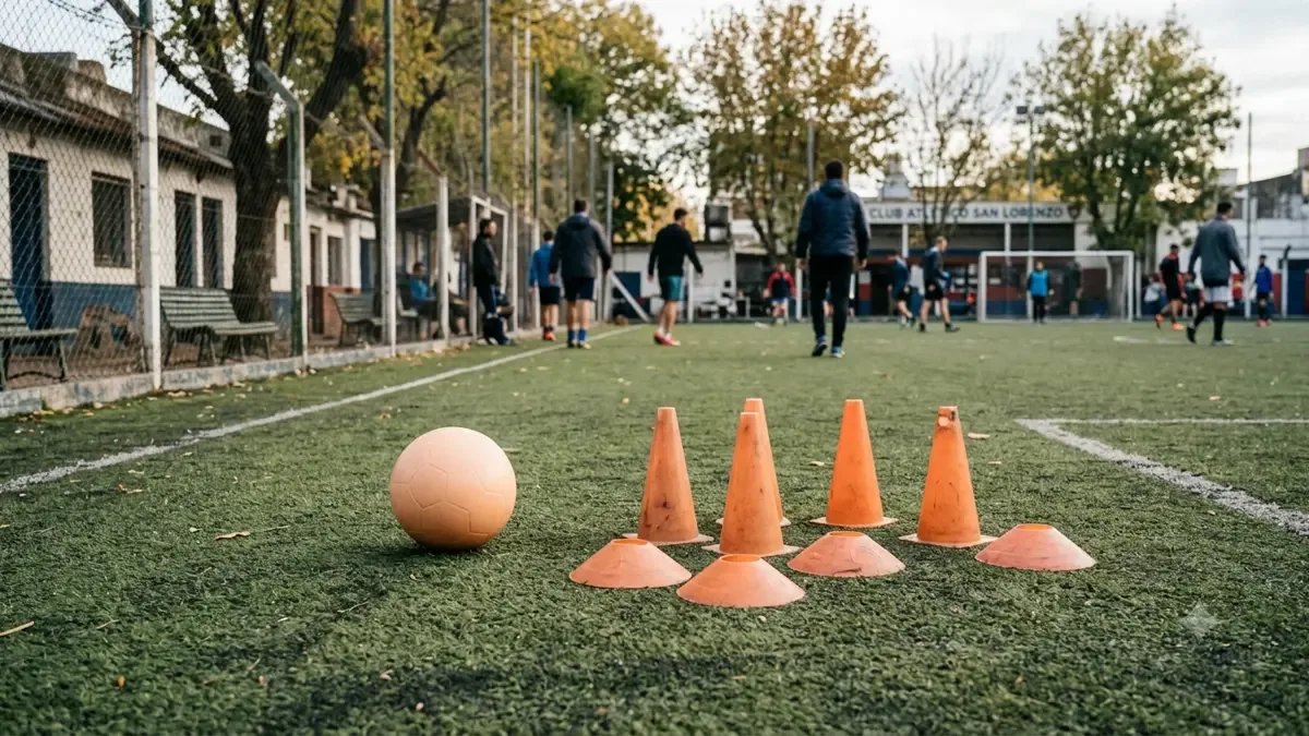 Una pelota lisa junto a conos de entrenamiento en un club de barrio, plano medio documental, perspectiva natural
