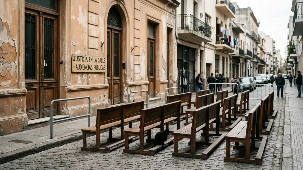 Una sala de audiencias vacía con bancos de madera en una calle urbana argentina, plano medio documental, perspectiva natural