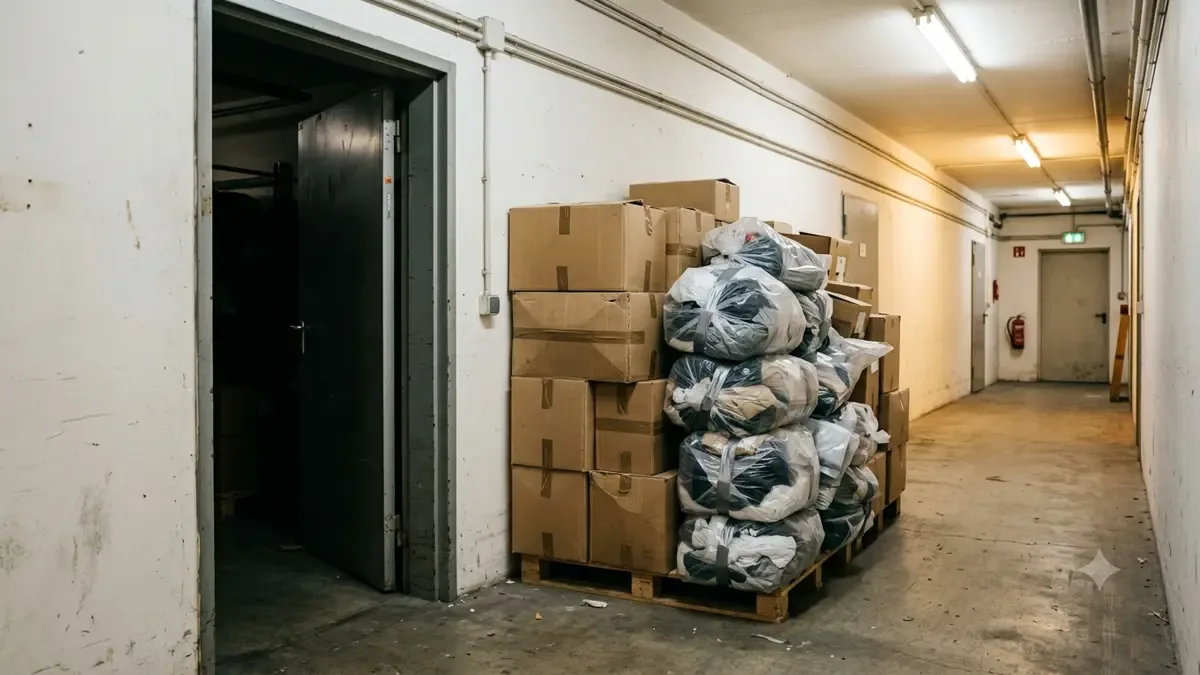 Cajas de cartón y bolsas precintadas apiladas junto a una puerta