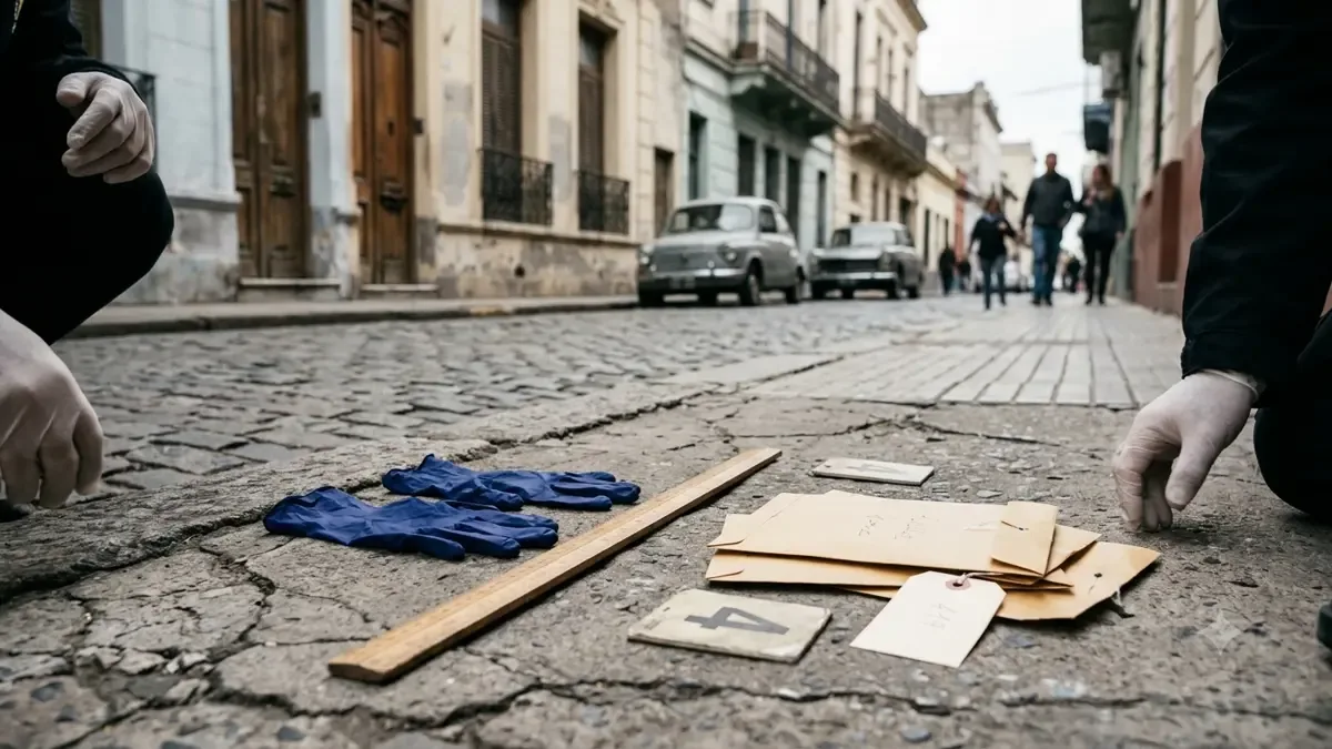 Guantes, regla sin números y sobres de evidencia lisos en una calle urbana argentina, vista en tres cuartos, profundidad de campo suave