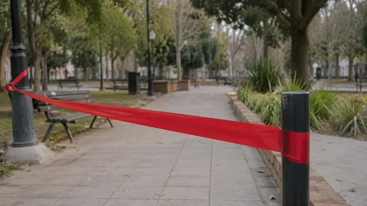 Cinta de seguridad lisa delimitando una vereda vacía en una plaza de barrio con mobiliario urbano, vista en tres cuartos, profundidad de campo suave