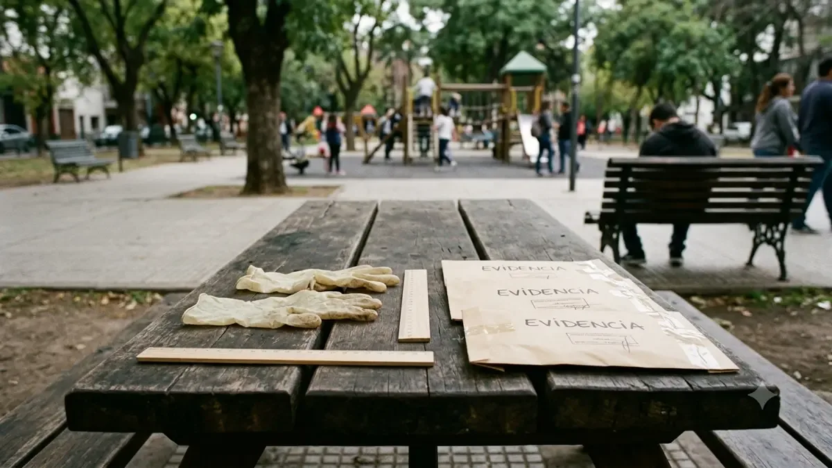 Guantes, regla sin números y sobres de evidencia lisos en una plaza de barrio con mobiliario urbano, plano medio documental, perspectiva natural