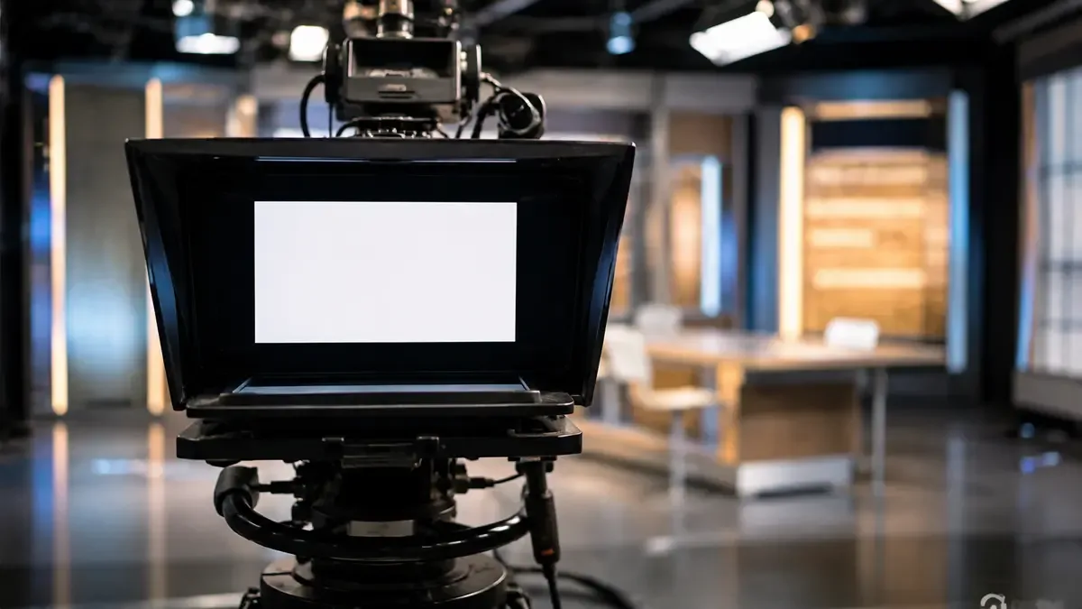 Camara de estudio con teleprompter de pantalla en blanco y el set desenfocado detras