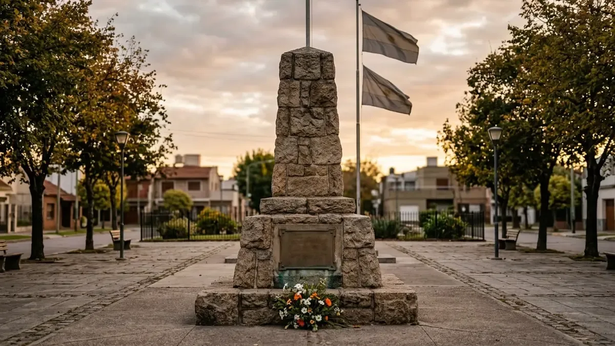Monumento genérico con banderas y ofrenda floral en una plaza de barrio.
