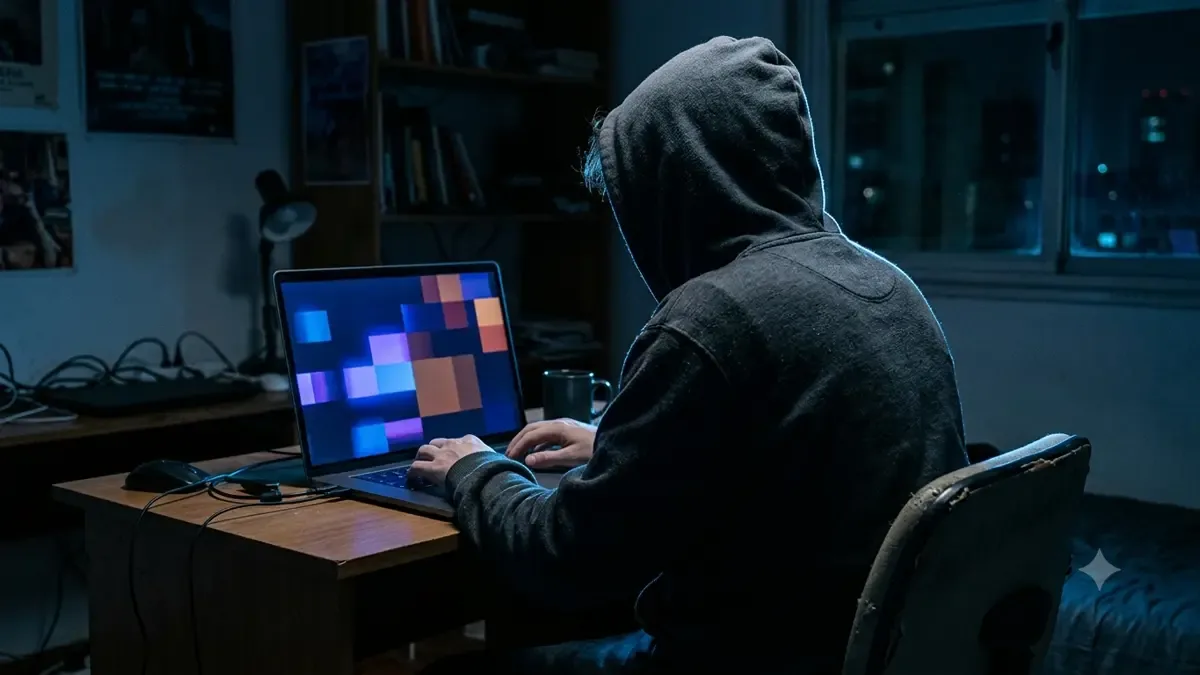 Persona de espaldas con capucha frente a una notebook en penumbra