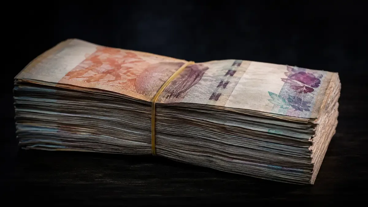 Fajo de billetes argentinos atado con una banda elástica sobre una mesa oscura