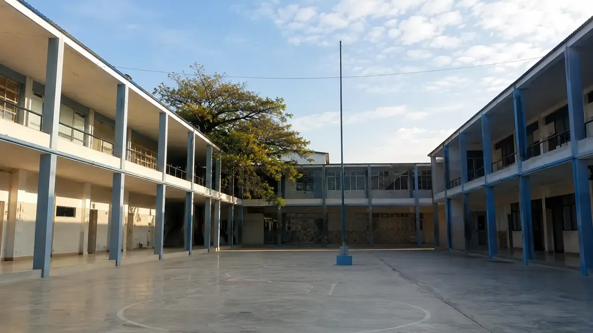 Patio de escuela vacío con mástil y galerías laterales en una mañana soleada