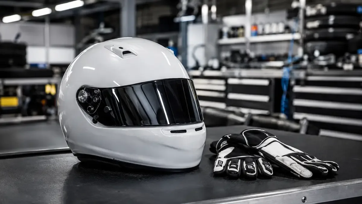 Casco integral liso apoyado sobre una mesa junto a unos guantes