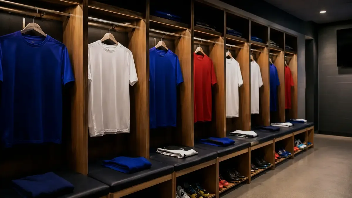 Camisetas de fútbol lisas colgadas en un vestuario, sin escudos