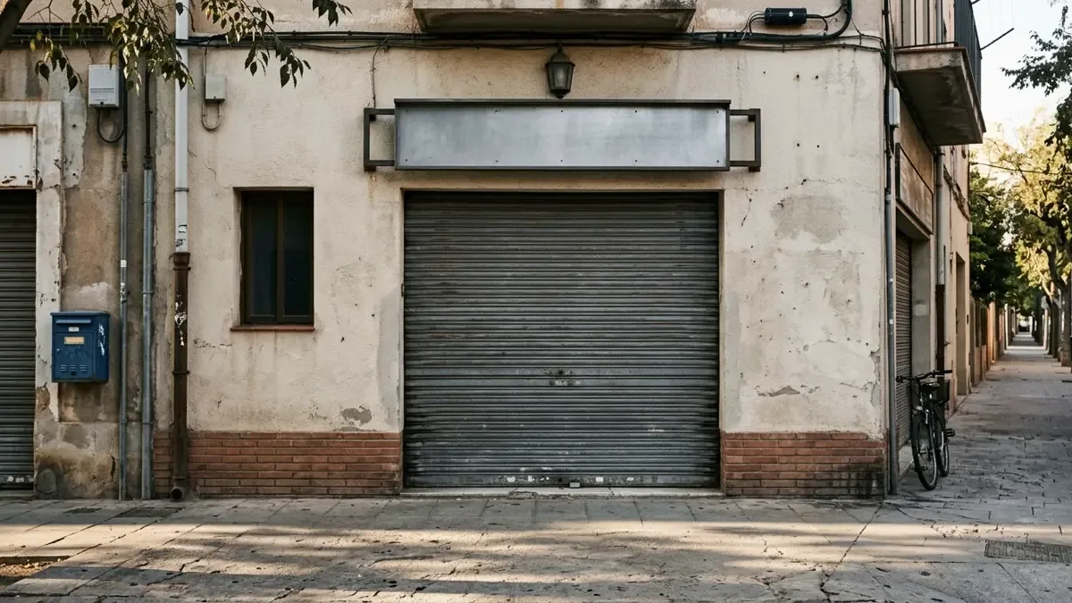Persiana baja de un local comercial en una calle de barrio