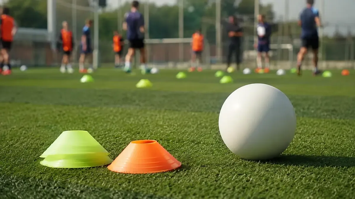 Una pelota lisa junto a conos de entrenamiento en un campo de entrenamiento, plano medio documental, perspectiva natural