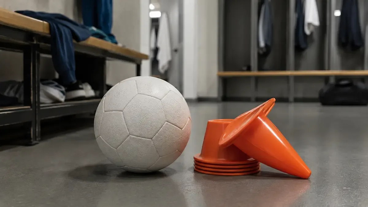 Una pelota lisa junto a conos de entrenamiento en un vestuario deportivo sin escudos, vista en tres cuartos, profundidad de campo suave