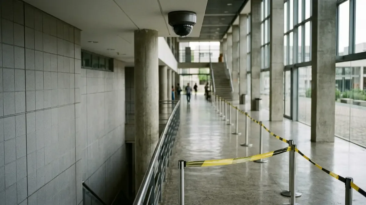 Una cámara de vigilancia genérica en una esquina en un hall institucional de arquitectura genérica, plano medio documental, perspectiva natural