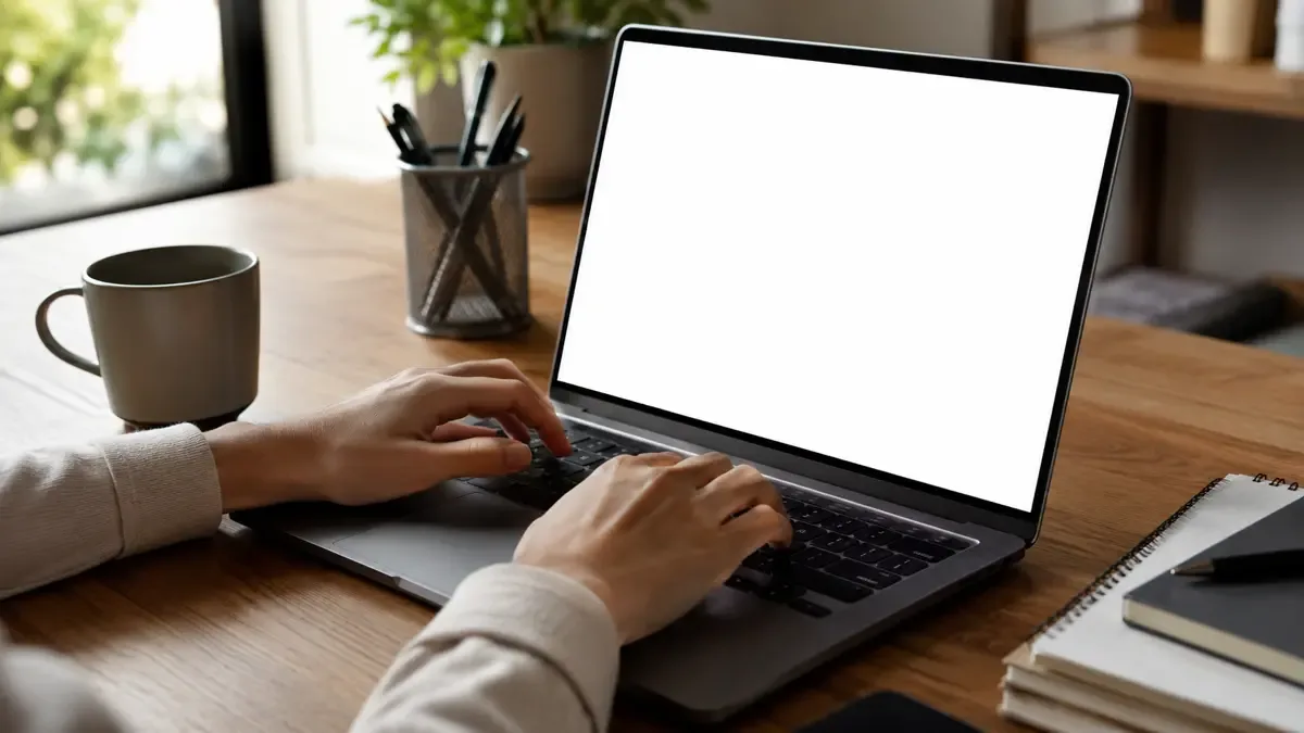 Manos sobre el teclado de una notebook de pantalla en blanco en un escritorio ordenado