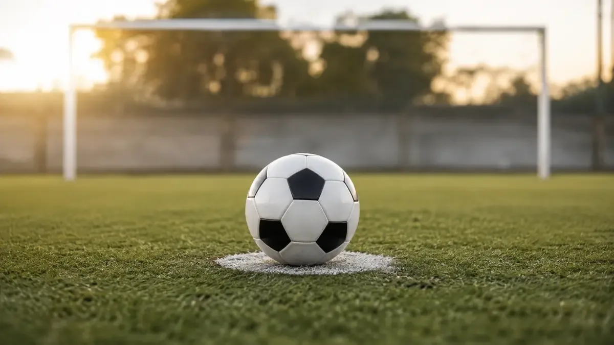 Pelota apoyada sobre el punto de penal con el arco de fondo desenfocado