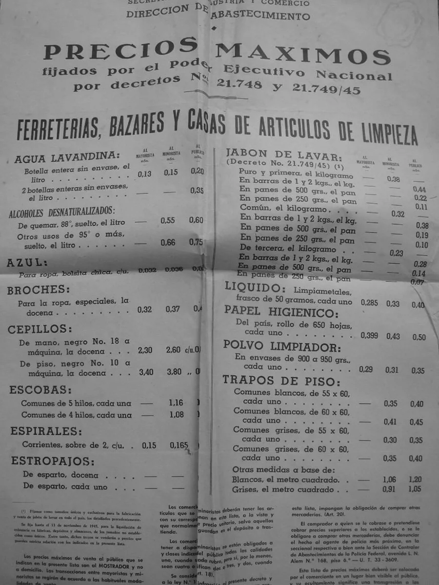 Listado de precios máximos, publicados por el gobierno de Argentina en 1945