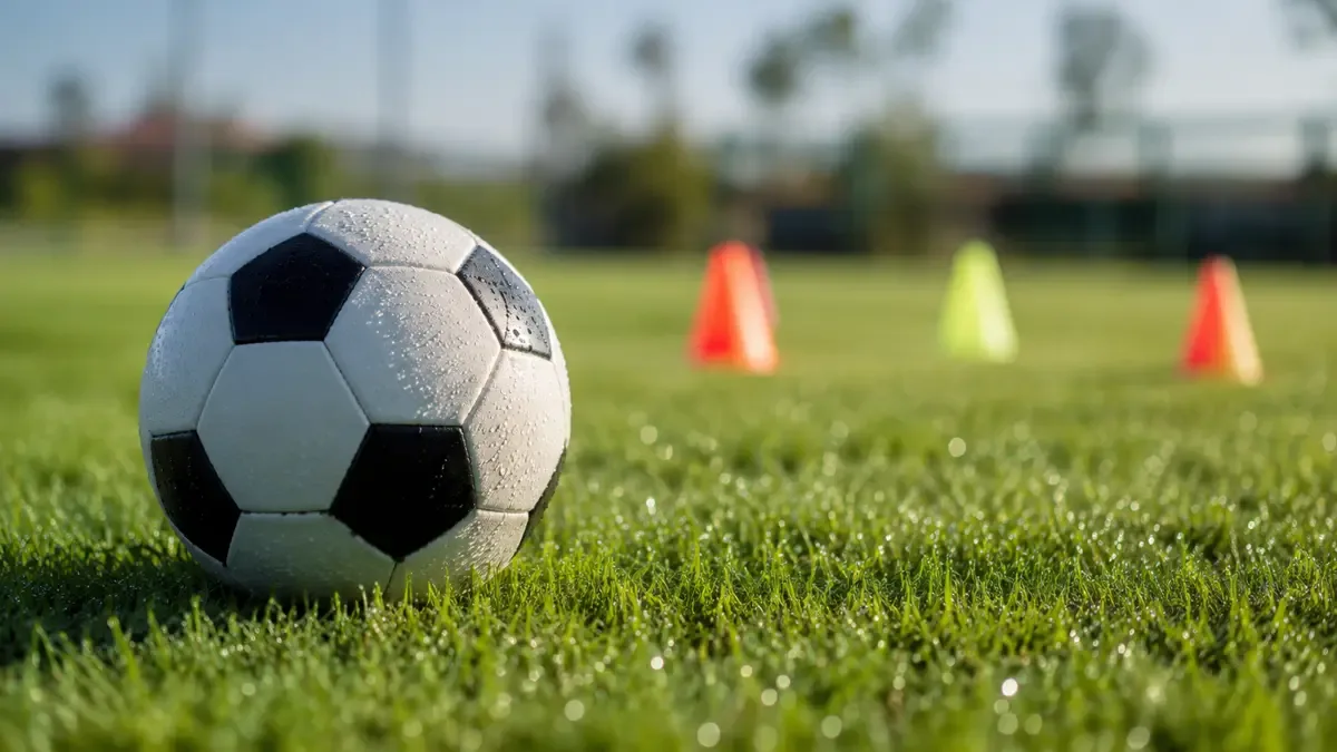 Pelota de fútbol sobre césped con conos de entrenamiento de fondo