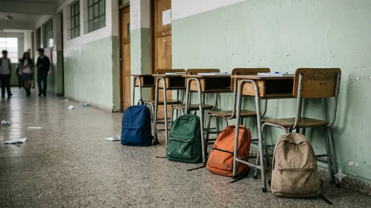 Mochilas lisas apoyadas junto a pupitres en un pasillo de escuela pública, plano medio documental, perspectiva natural