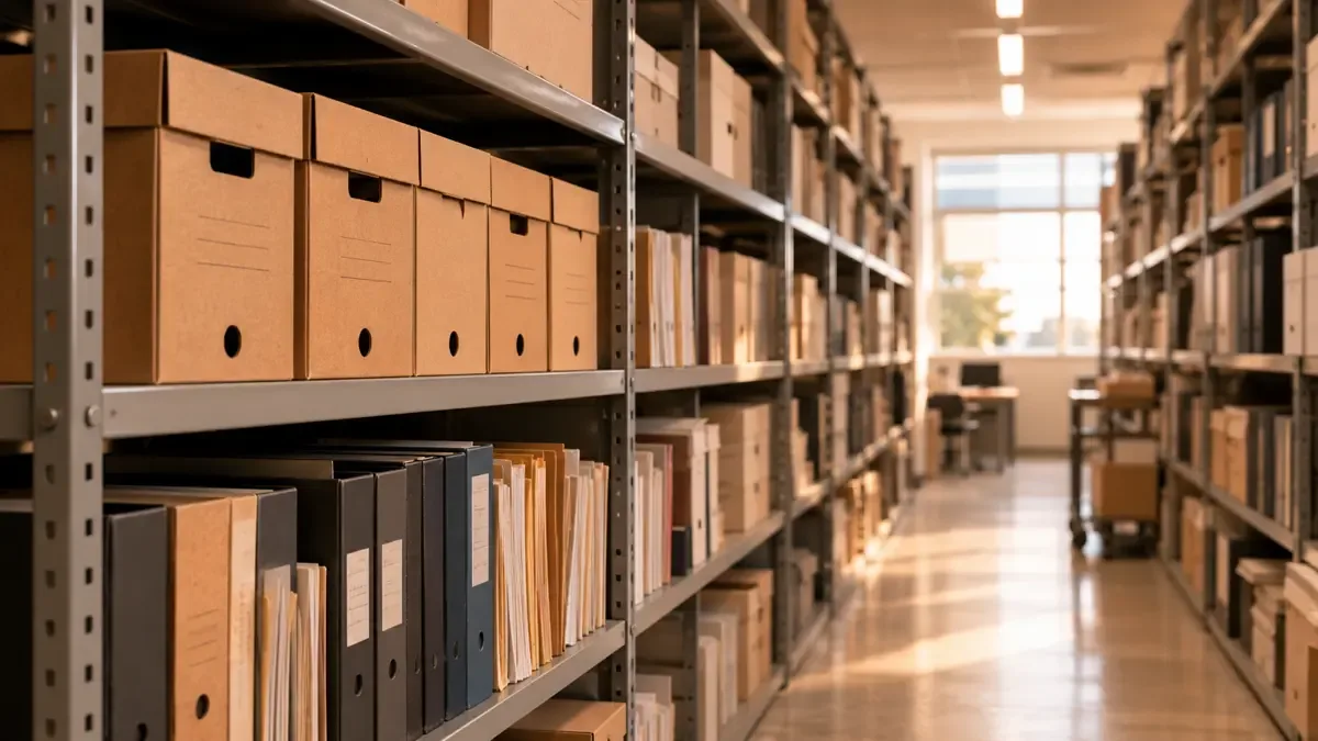 Pasillo de un archivo con estantes de cajas y carpetas ordenadas