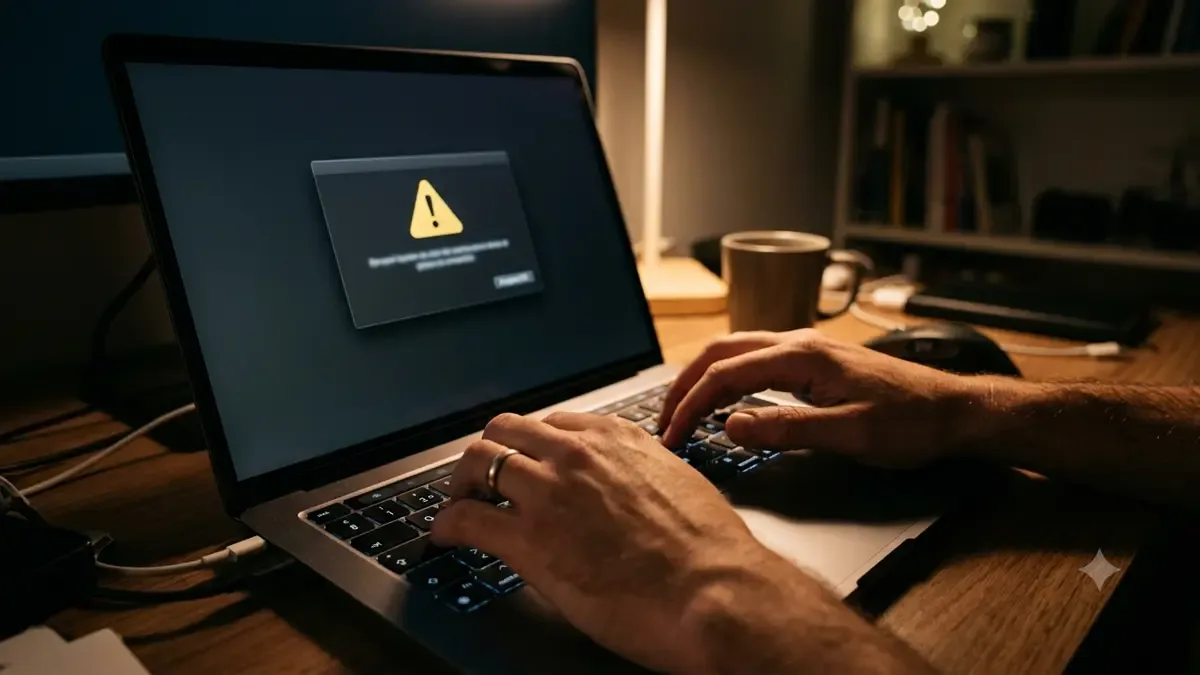 Manos sobre una notebook con un ícono de alerta genérico en pantalla