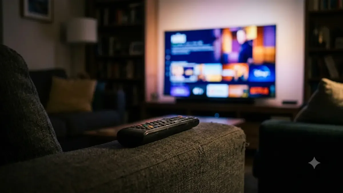 Control remoto sobre el apoyabrazos de un sillón frente al televisor