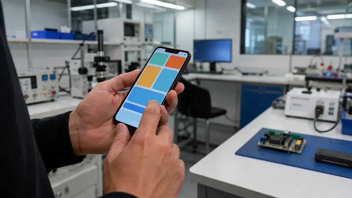 Manos usando un teléfono con interfaz de bloques de color en un laboratorio tecnológico limpio, plano medio documental, perspectiva natural